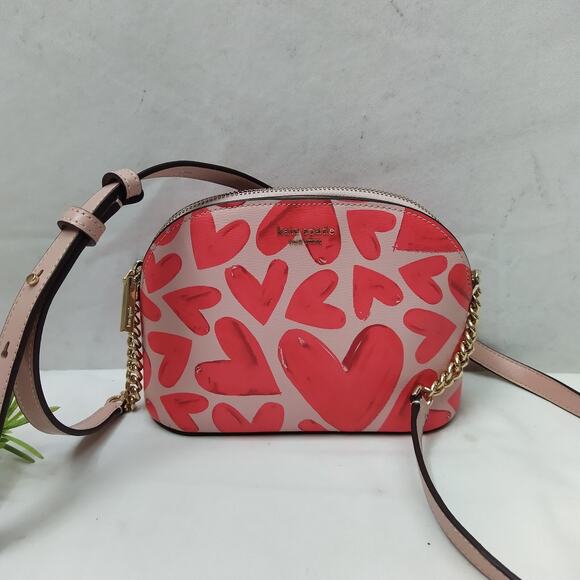Kate Spade New York Pink Hearts Leather Zipper Closure Chain Strap Crossbody Bag - Picture 4 of 16